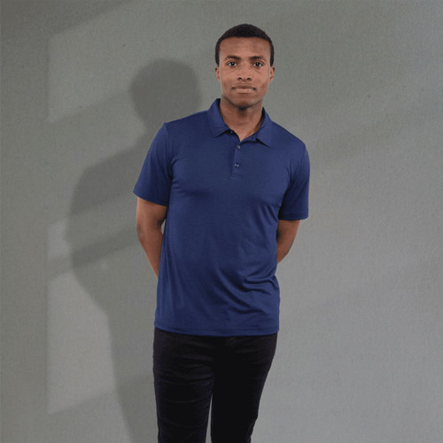 A navy blue men's polo shirt with a collar and short sleeves, featuring a logo.
