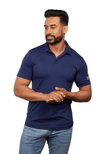 A navy blue men's polo shirt with a collar and short sleeves, featuring a branding logo on the sleeve.