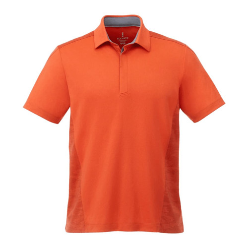 An orange short sleeve polo shirt with a collar and side panels, featuring a logo on the upper front.