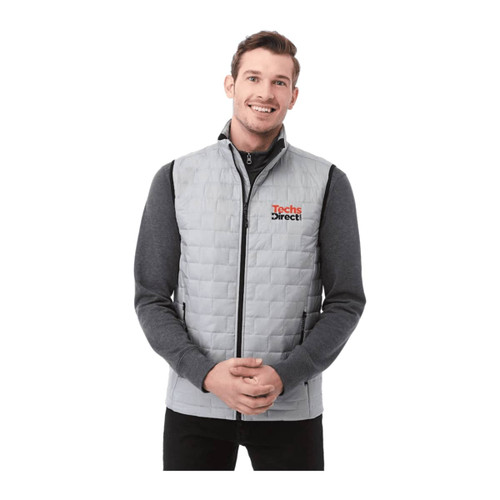 A light grey insulated puffer vest with a zip front and a logo, featuring a fitted design and a high collar.