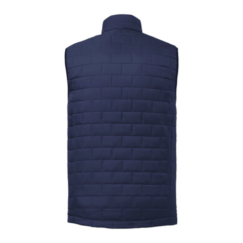 A lightweight, packable insulated puffer vest in navy blue with a quilted design and a collar.