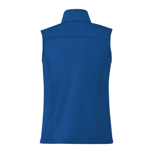 A blue women's eco waterproof softshell vest with a high collar, featuring a logo.