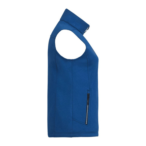 A blue women's softshell vest with a high collar and zippered pocket, featuring a logo.