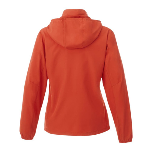 An orange women's packable rain jacket featuring a hood and a branded logo on the back.