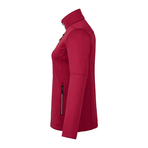 A red Women's Joris Eco Waterproof Softshell Jacket with a high collar and zippered pockets, featuring a logo.