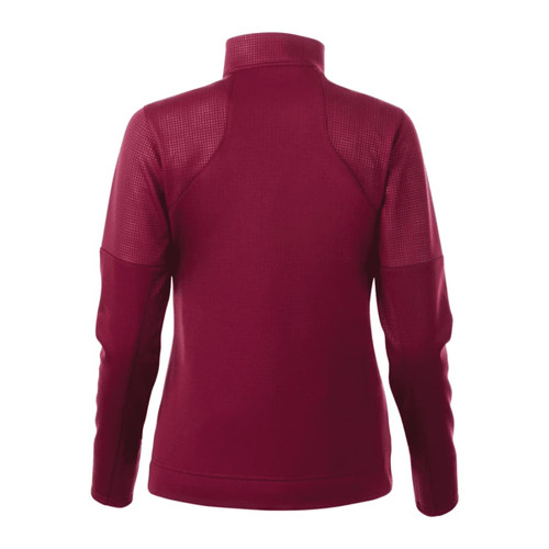 A maroon women's full zip performance jacket with thumb holes, featuring a textured design and a fitted silhouette.