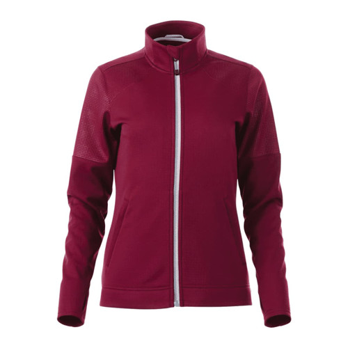 A women's full zip performance jacket in burgundy, featuring thumb holes and textured panels. Includes a logo.