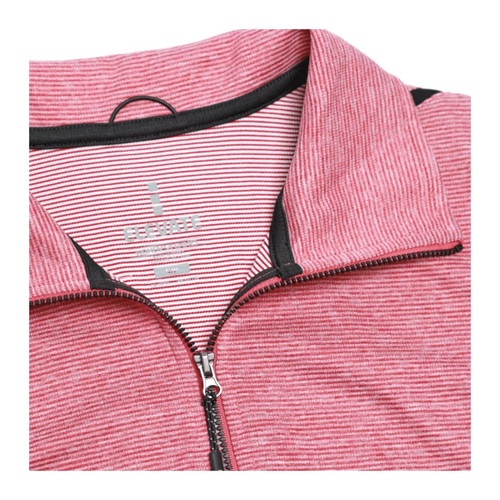 A red and white striped half-zip jumper with a high collar and a logo. Features a smooth fabric texture.