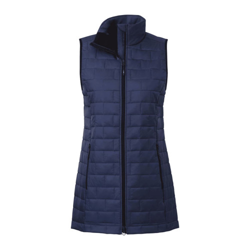 A navy women's lightweight packable insulated puffer vest with a high collar and a zip closure.