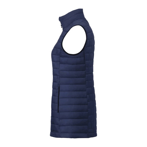 A lightweight navy puffer vest with a zip fastening and side pockets, featuring a logo on the fabric.