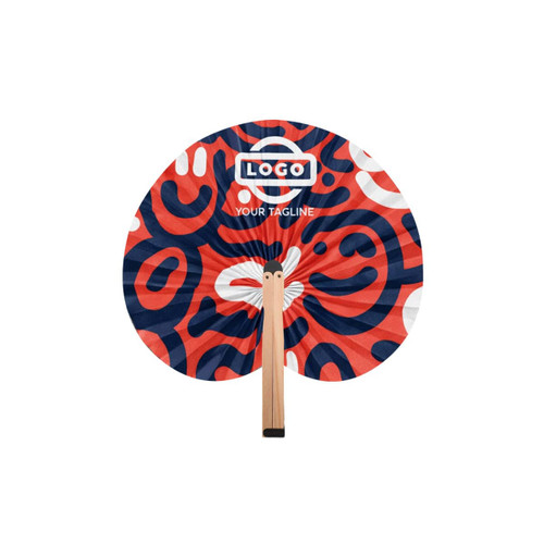 A peach-shaped wooden paper fan with vibrant red and blue abstract designs, featuring a logo on the front.