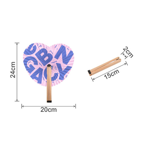 A heart-shaped wooden paper fan in pink and purple, featuring a wooden handle measuring 15 cm.