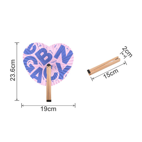 A heart-shaped wooden paper fan with a pink and purple design, measuring 23.6 cm by 19 cm, alongside a folded wooden handle.