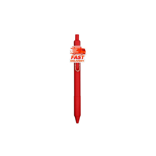 A red acrylic pen featuring a clip and a logo.
