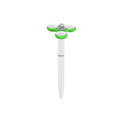 A fidget pen with a white body and green spinner design at the top, featuring a silver detailing.