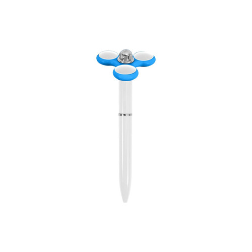 A white pen with a blue spinner top, featuring three white pads and a metal button in the centre.