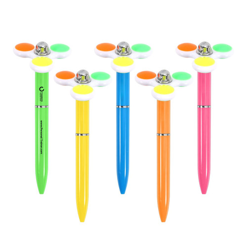 A set of five fidget pens in vibrant colours: green, orange, pink, blue, and yellow, each featuring a spinning topper.