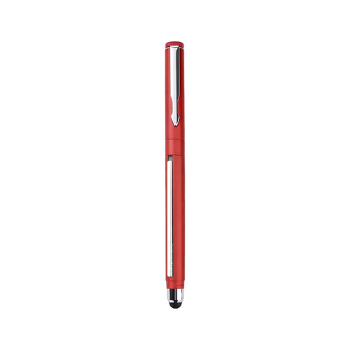 A red pen with a sleek design, featuring a shiny silver clip and tip. It includes a stylus for touchscreens.