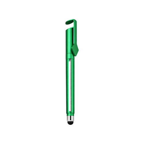 A green promotional pen with a clip, featuring a stylus tip and a visible QR code section.
