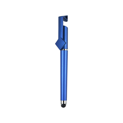 A blue 3 in 1 QR Code pen with a clip and a stylus tip at the end. The pen has a smooth metallic finish and a logo.