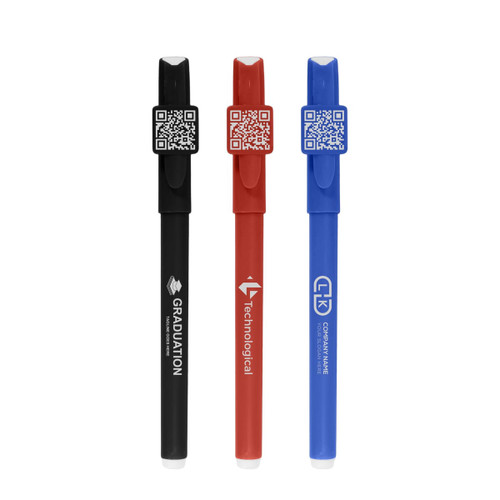 Three pens in black, red, and blue, each featuring a QR code and a design element on the clip.