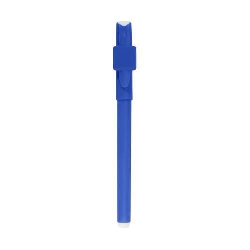 A blue pen with a clip and a smooth barrel, featuring a logo on its surface.