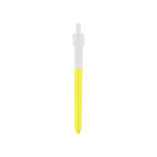 A yellow and white pen with a click mechanism and a clear section at the top. It features a logo.