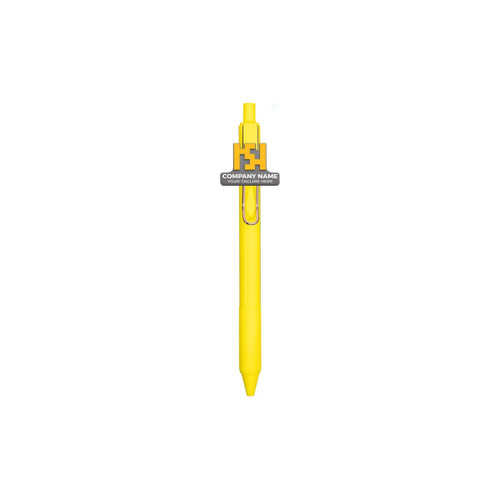 A yellow custom PVC pen with a clip and a logo on it.