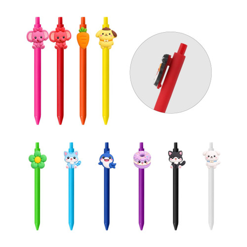 A selection of colourful custom PVC pens featuring various cute animal and object toppers, including pink, yellow, and black options.