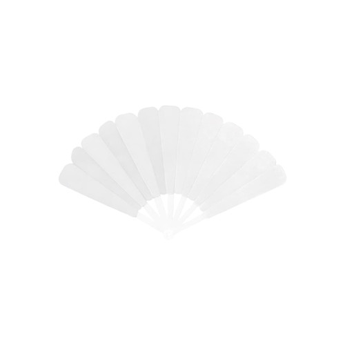 A set of transparent plastic hand fans arranged in a fanned-out position, featuring a white colour scheme.