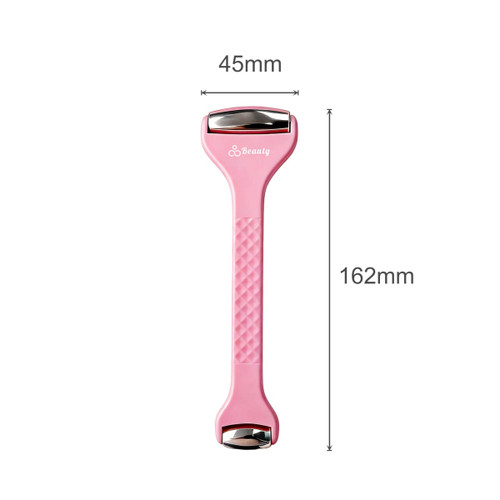 A pink ice massager roller with double heads, featuring a textured handle and a logo. Dimensions are 45mm by 162mm.