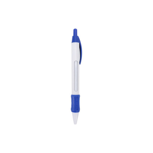 A pen with a white barrel, blue grip and clip, featuring a clear section to display a spinning message.