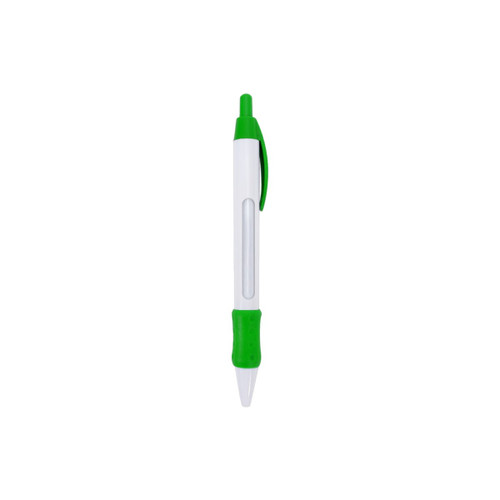 A white pen with green accents and a transparent window for revealing messages. The pen has a grip section.