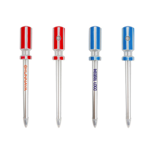 A set of ballpoint pens shaped like screwdrivers in red and blue, featuring a logo on one pen.