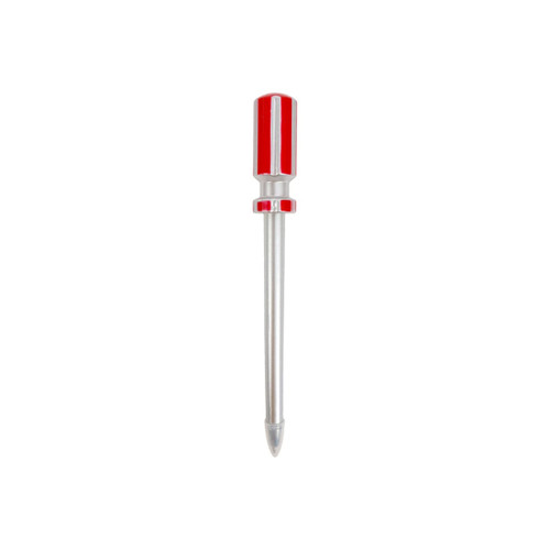 A screwdriver-shaped ballpoint pen in red and silver, featuring a metallic finish. It has a logo on the side.