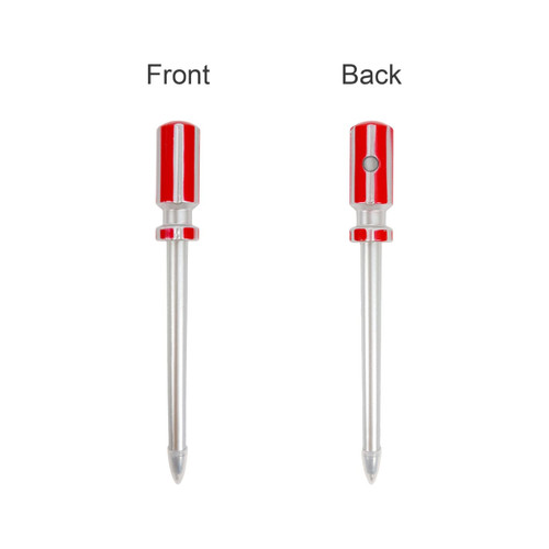 A red screwdriver-shaped ballpoint pen with a silver barrel, featuring a front and back view. It has a logo.