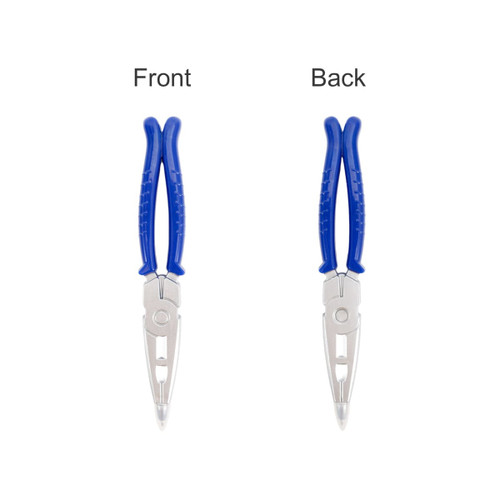 A blue plier-shaped ballpoint pen displayed from the front and back, showcasing its metallic tip and grips.