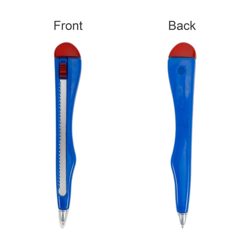 A knife-shaped ballpoint pen in blue and red, displaying both front and back views. Features a logo.
