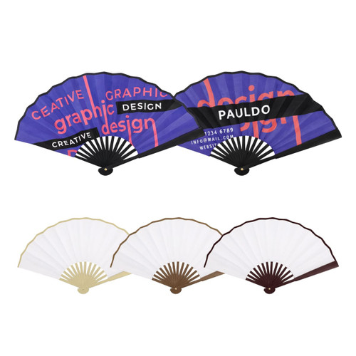 A set of decorative hand fans, featuring a purple design and plain bamboo finishes in white, gold, and brown.