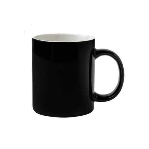 A ceramic mug with a black exterior and a white interior, featuring a handle and a logo.