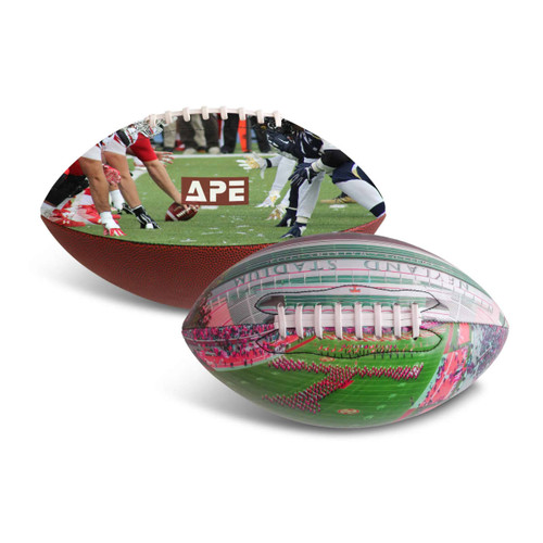 A promotional American football featuring a textured brown surface and colourful printed graphics, including a logo.