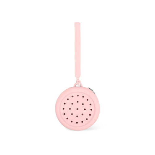 A round pink silicone pouch with holes, featuring a strap for easy carrying. It has a simple design and a zipper closure.