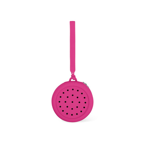 A round pink silicone pouch with holes and a wrist strap, featuring a zipper closure.