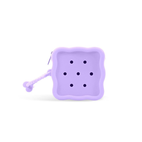 A square silicone pouch in lavender, featuring six holes and a textured zipper pull. Includes a logo.