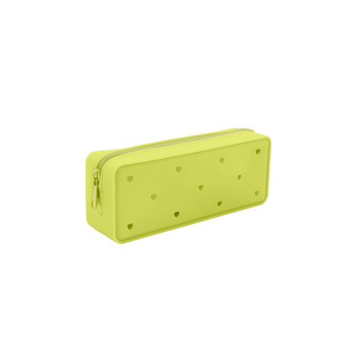 A silicone pencil case in bright lime green with heart-shaped holes and a zipper closure.