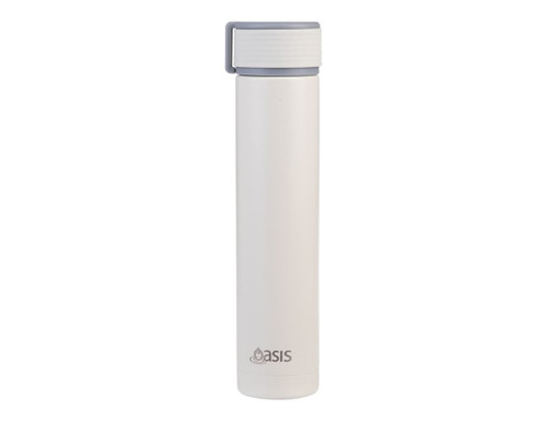A drink bottle in white with a grey lid and a logo. It features an insulated, slim design for easy handling.