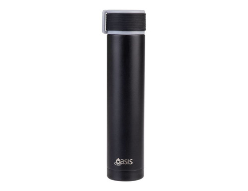 A drink bottle in a sleek black finish with a grey cap and a small logo on the bottom.