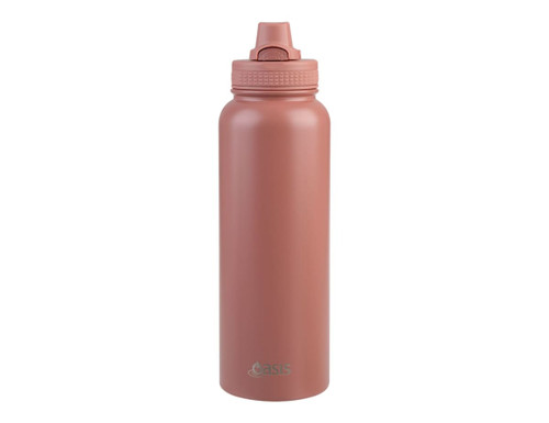 A drink bottle in a matte pink colour with a quick release cap and logo on the side.
