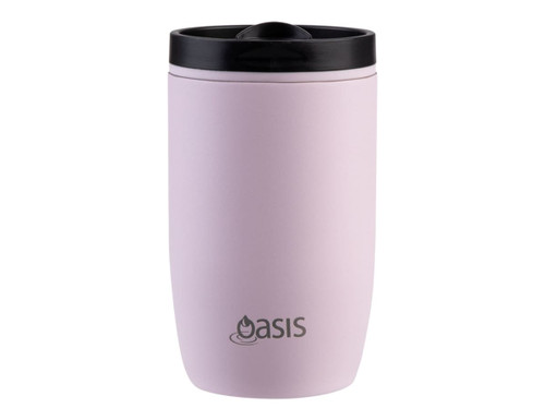 A drink bottle in soft pink with a black lid, featuring a logo on the front. Insulated and leakproof design.