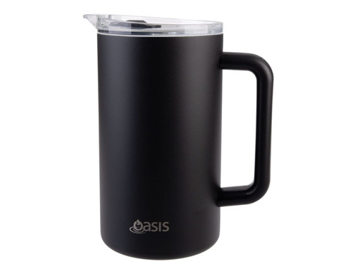 A drink bottle featuring a matte black exterior, a clear lid, and a sturdy handle, with a logo on the front.